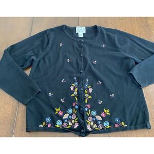 Stitches In Time Cardigan Sweater Women's Large Black Knit Embroidered Floral
